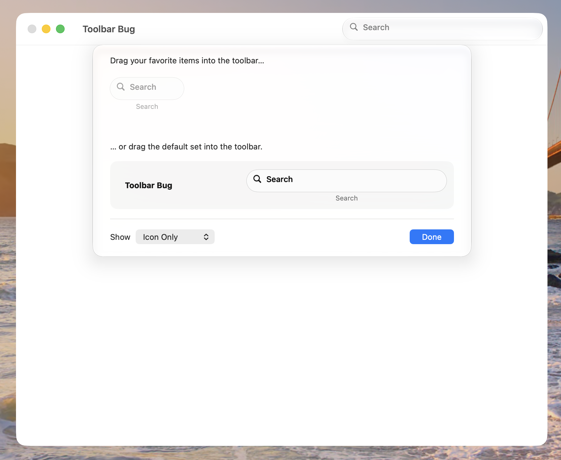 A window showing a toolbar customization palette. The search field in the palette has the same issue as the one in the sample app.